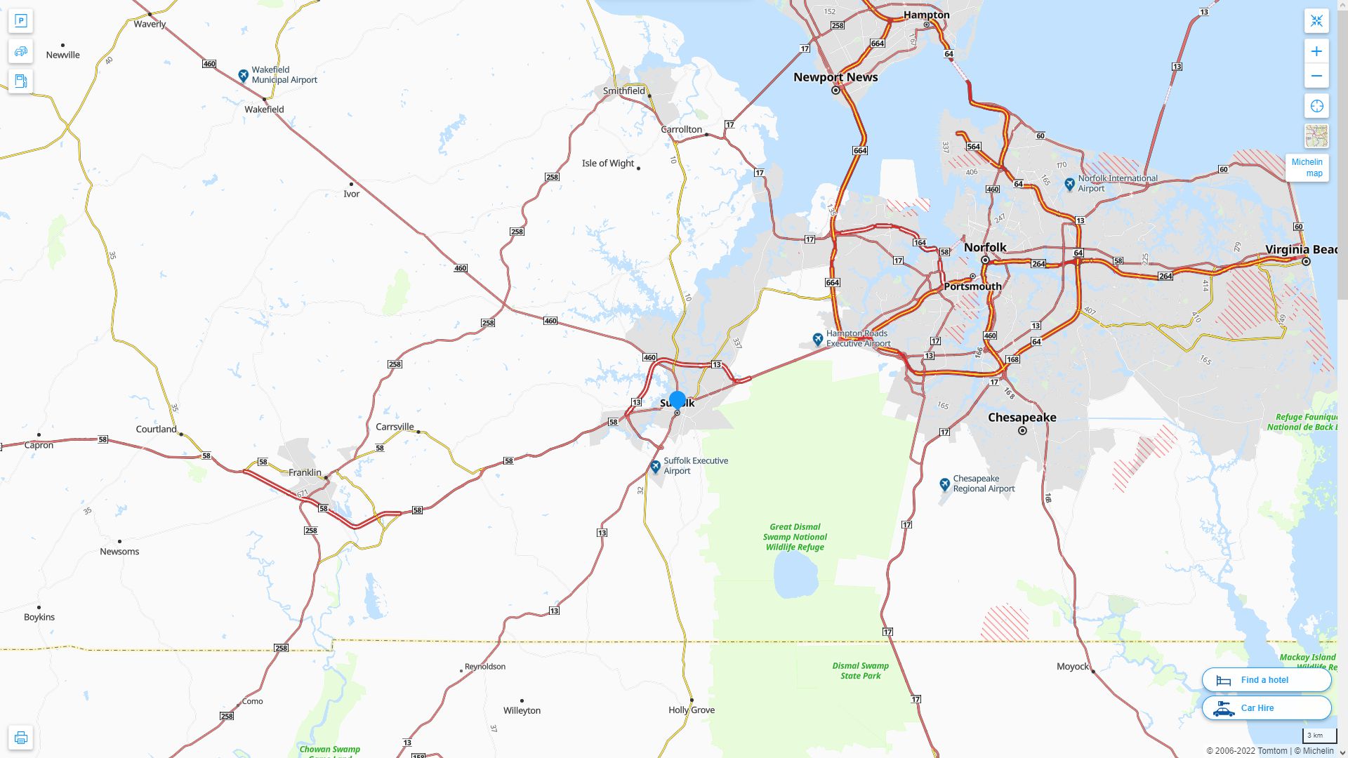Suffolk Virginia Highway and Road Map